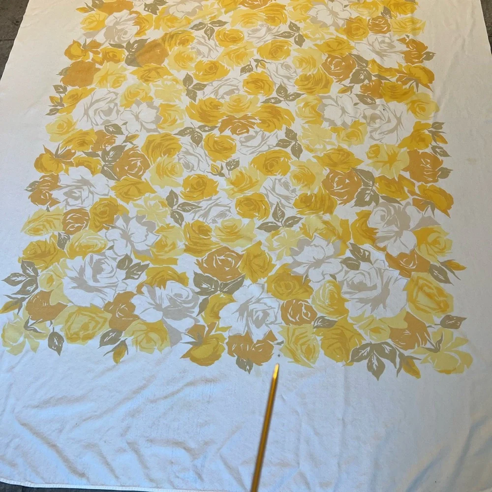Vintage yellow, golds & taupes floral round corner cotton tablecloth beautiful